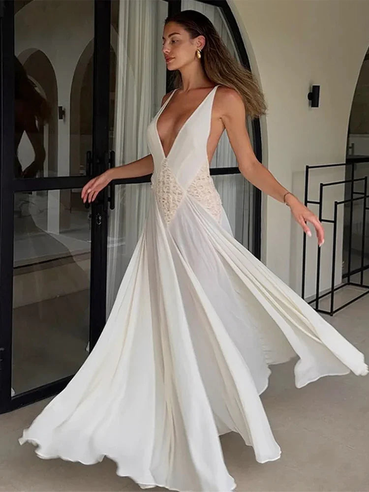 White Pleated Deep V-Neck Backless Maxi Dress