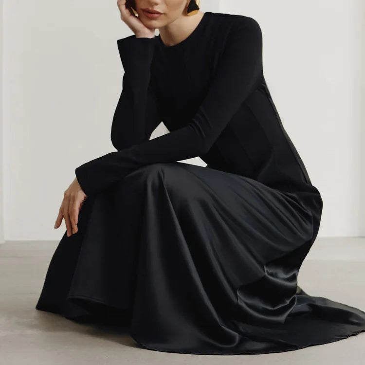 Black Long Sleeve Satin Patchwork Maxi Dress