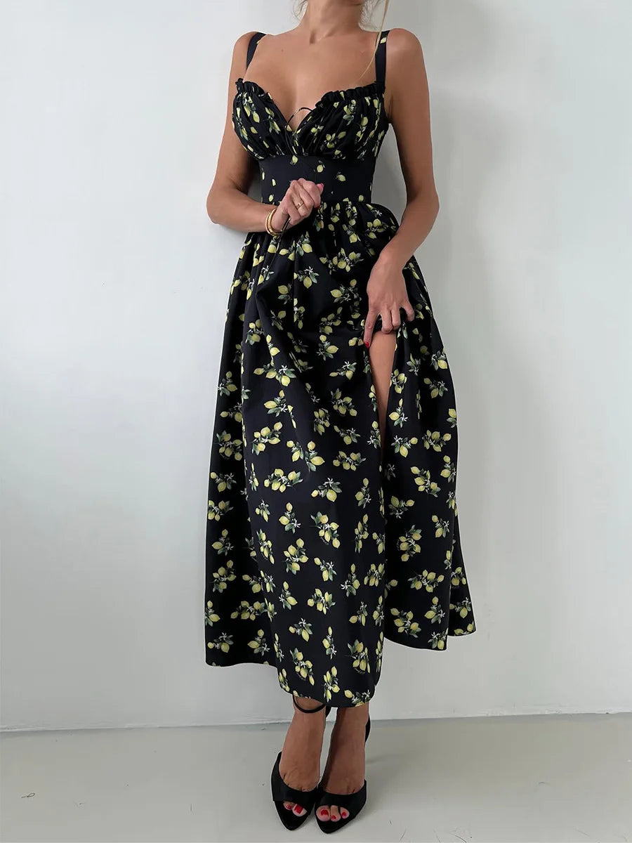 Black Floral V-Neck Maxi Dress with Slit