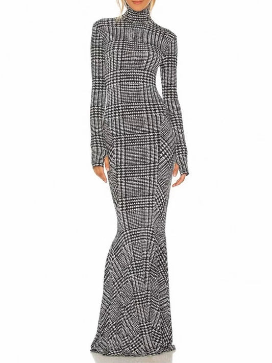 Plaid High-Neck Long Sleeve Sheath Maxi Dress