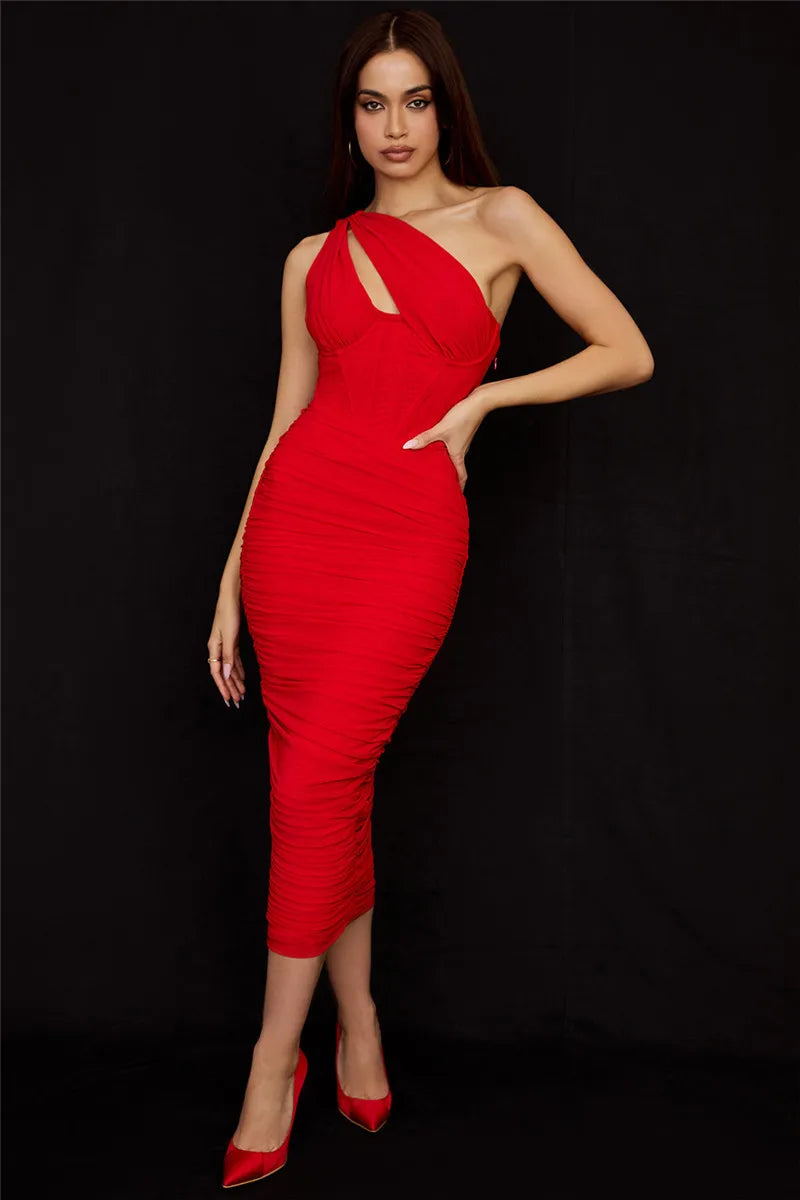 One-Shoulder Ruched Corset Midi Dress