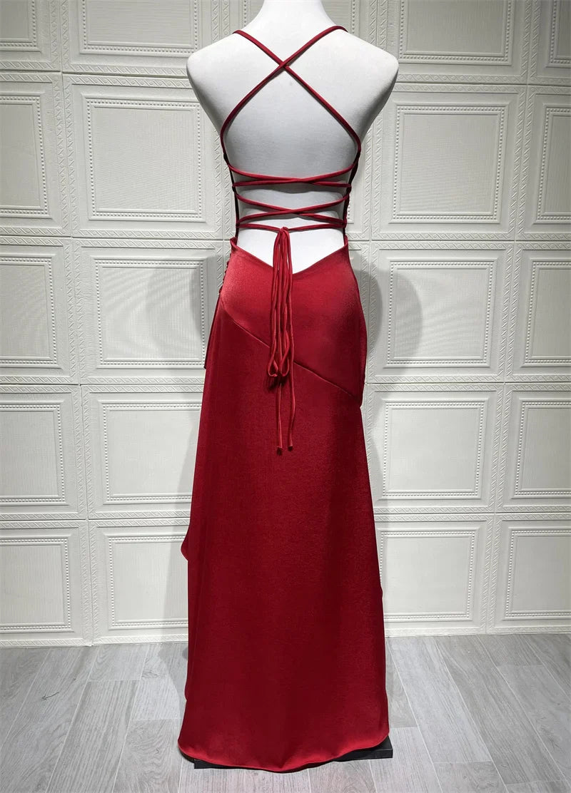 Navy Satin Spaghetti Strap Maxi Dress – Ruffle Split Club & Party Gown