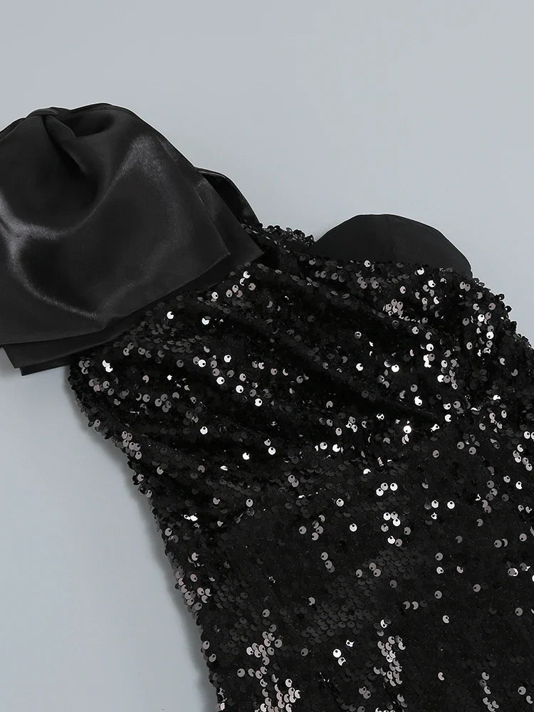 Black One-Shoulder Sequin Midi Dress with Bow Detail