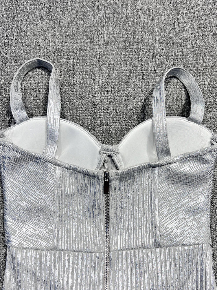 Silver Foil V Neck Bandage Dress | Spaghetti Strap Midi Gown