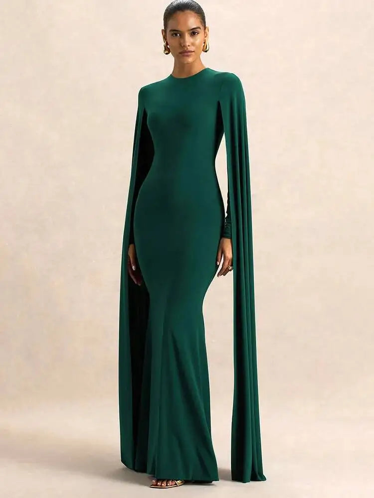 Green Long Sleeve Ribbons Maxi Dress