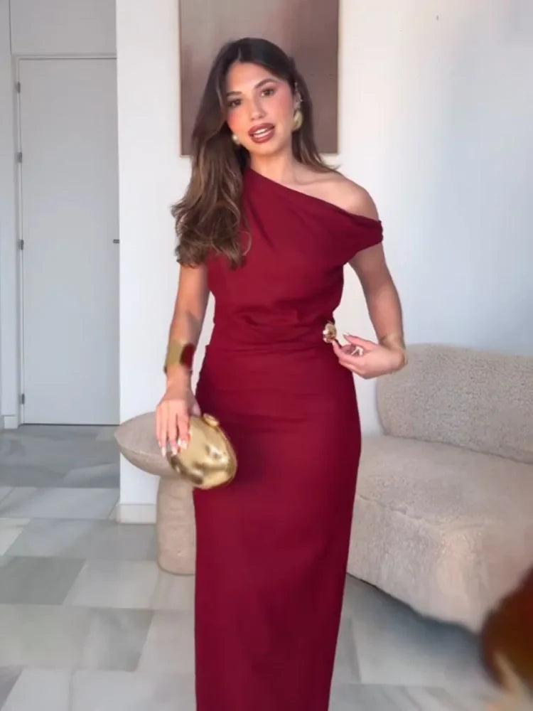 Red Off-Shoulder Gold Appliqué Midi Dress