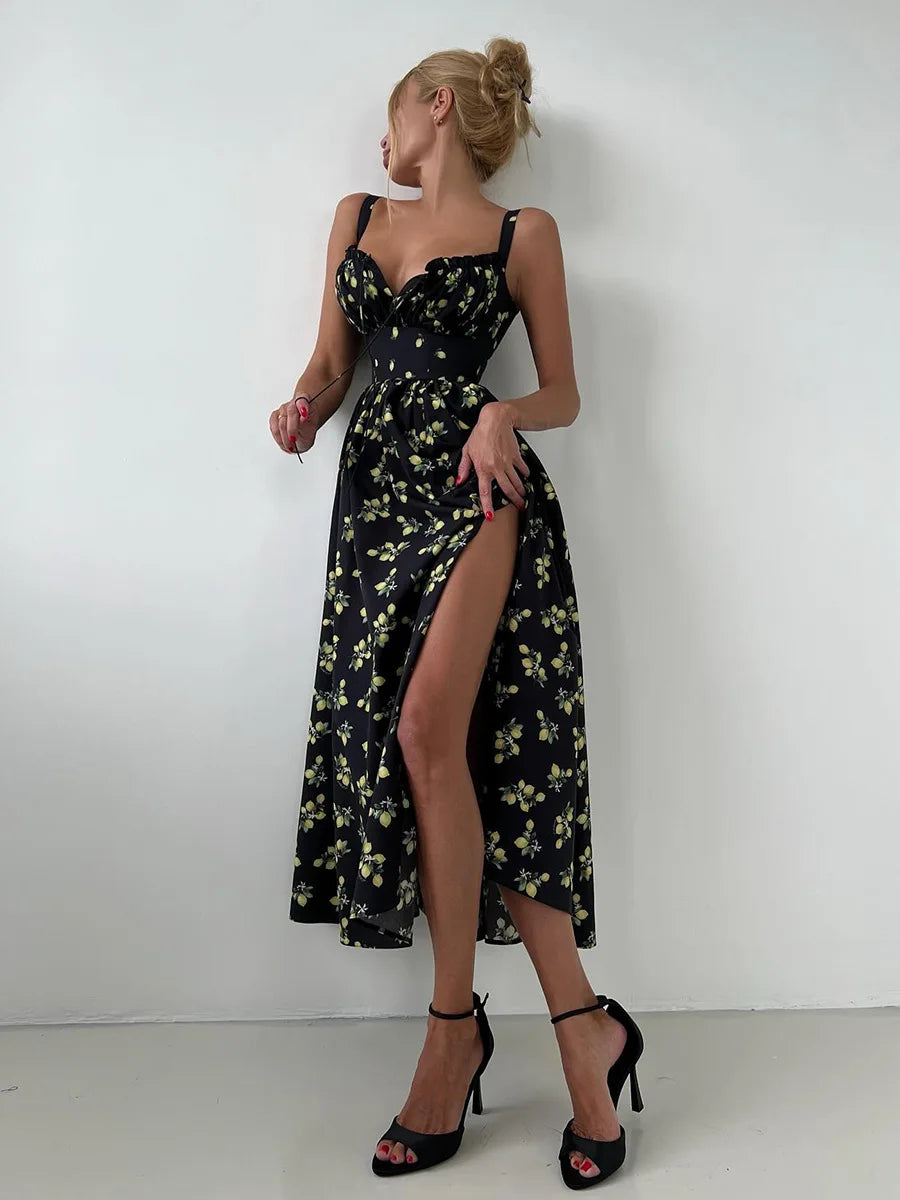 Black Floral V-Neck Maxi Dress with Slit
