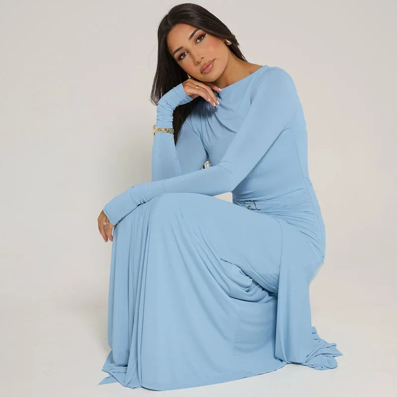 Light Blue Ruched Slit Dress | High Stretch Pencil Maxi