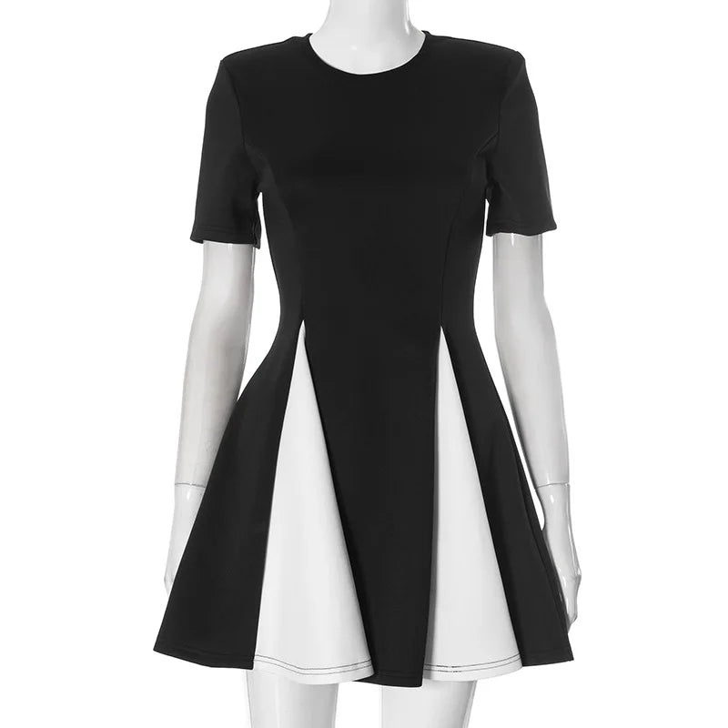 Black Color-block Round Neck Short Sleeve Mini Dress