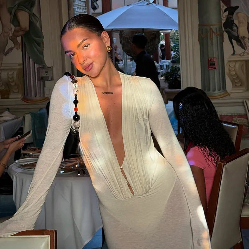 Mesh Deep V-Neck Bodycon Maxi Dress – Long Sleeve Floor-Length Gown