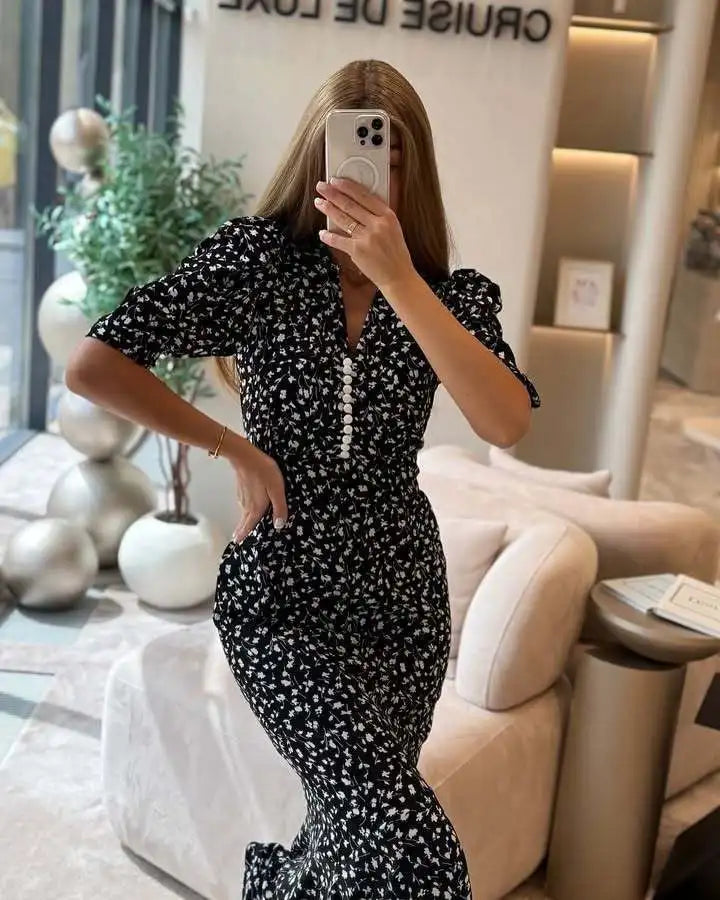 Half-Sleeve Polka Dot Midi Dress