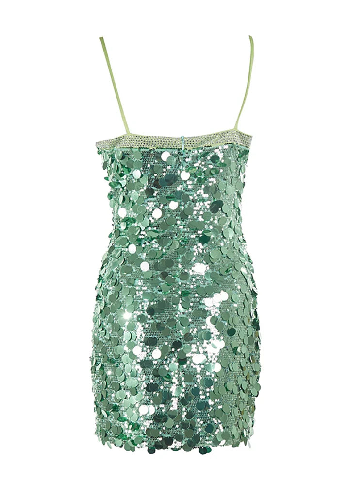 Green Spaghetti Strap Sequin Mini Dress | Slim Party Gown