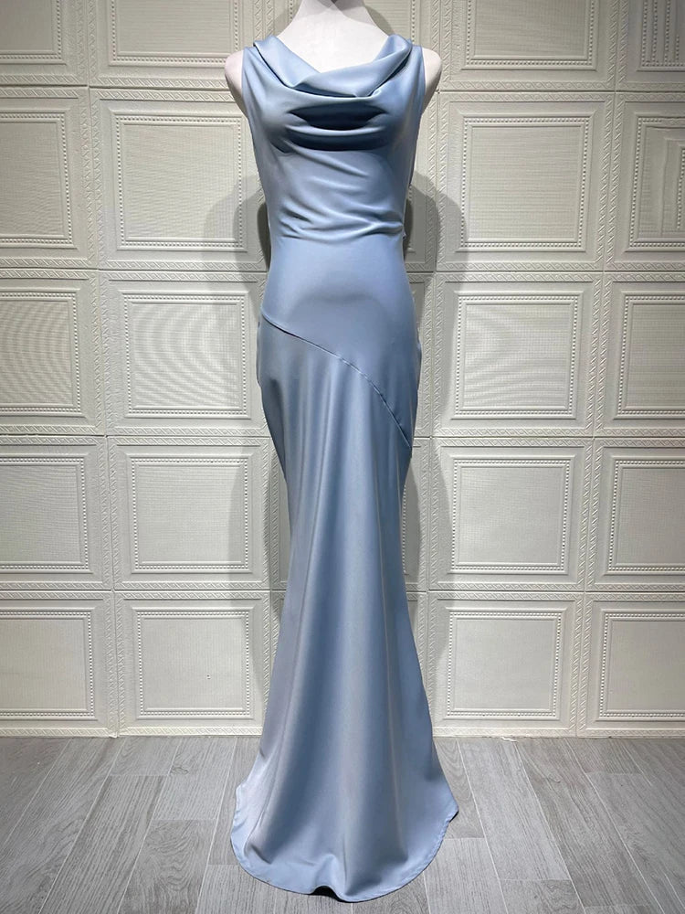 Light Blue Cowl Neck Gown | Sleek Floor-Length Evening Dress