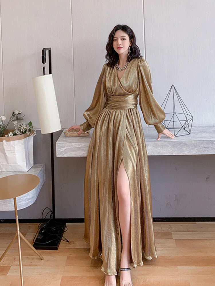 Gold Lantern Sleeve V-Neck Split Long Dress