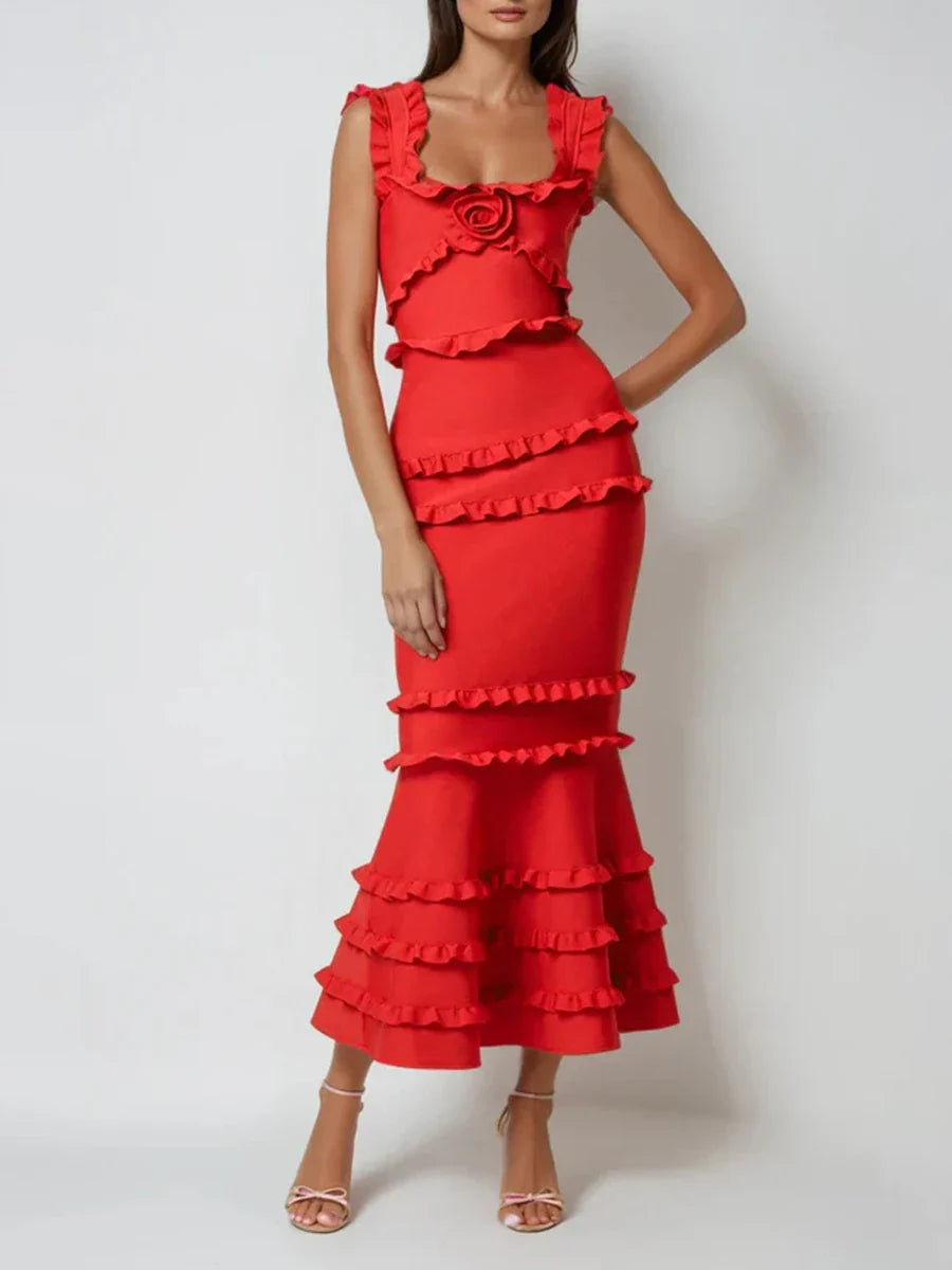 Red Vintage Square Collar A-Line Knee-Length Dress.