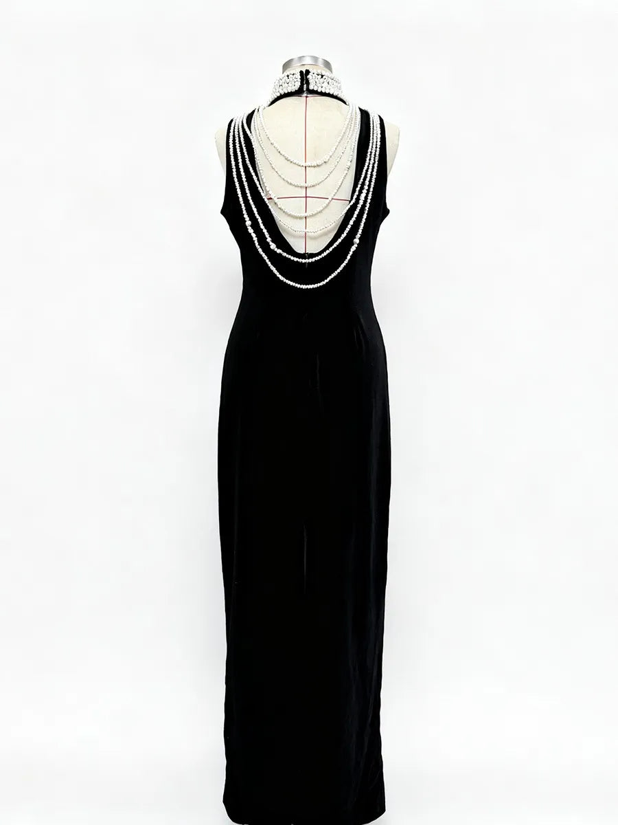 Black Velvet Maxi Dress with Draped Pearl Chain Back