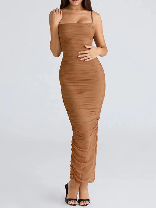 Ruched Mesh Strap Bodycon Midi Dress