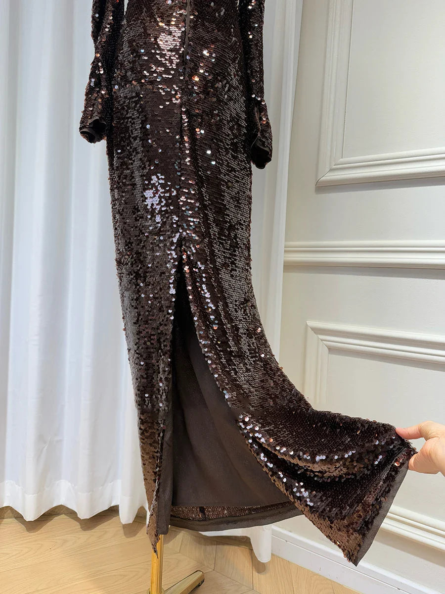 Brown Sequin Slash-Neck Sleeveless Maxi Dress
