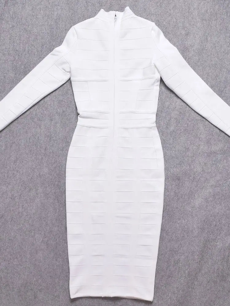 White High Neck Cut Out Midi Dress | Sleek Long Sleeve Bodycon