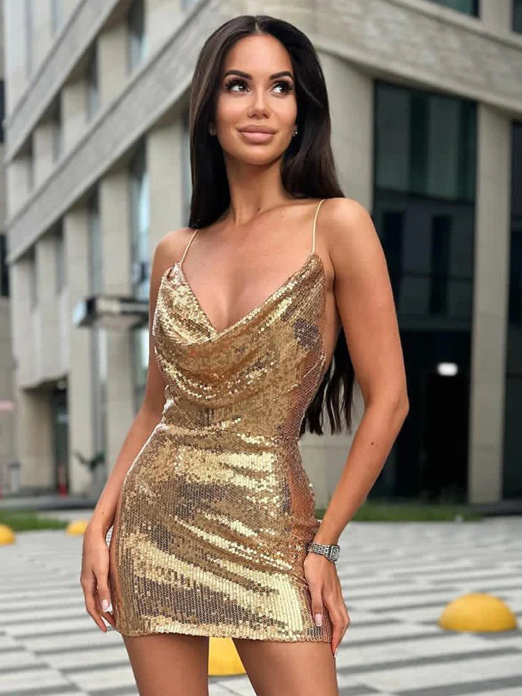 Gold Sequin Cowl-Neck Cami Mini Dress