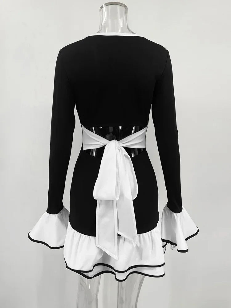 Black White Ruffle Mini Dress | Slim Knit Long Sleeve Chic
