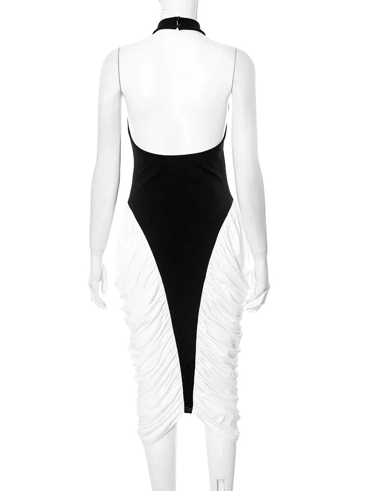 Black Pleated Drape Patchwork Halter Midi Dress