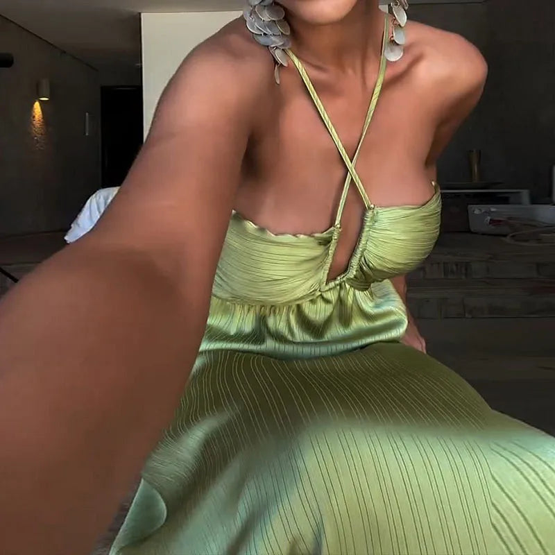 Green Pleated Satin Maxi Dress | Flowing Halter Vacation Look