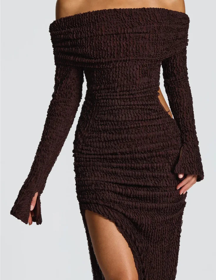 Off Shoulder Long Sleeve Textured Slit Maxi Dress