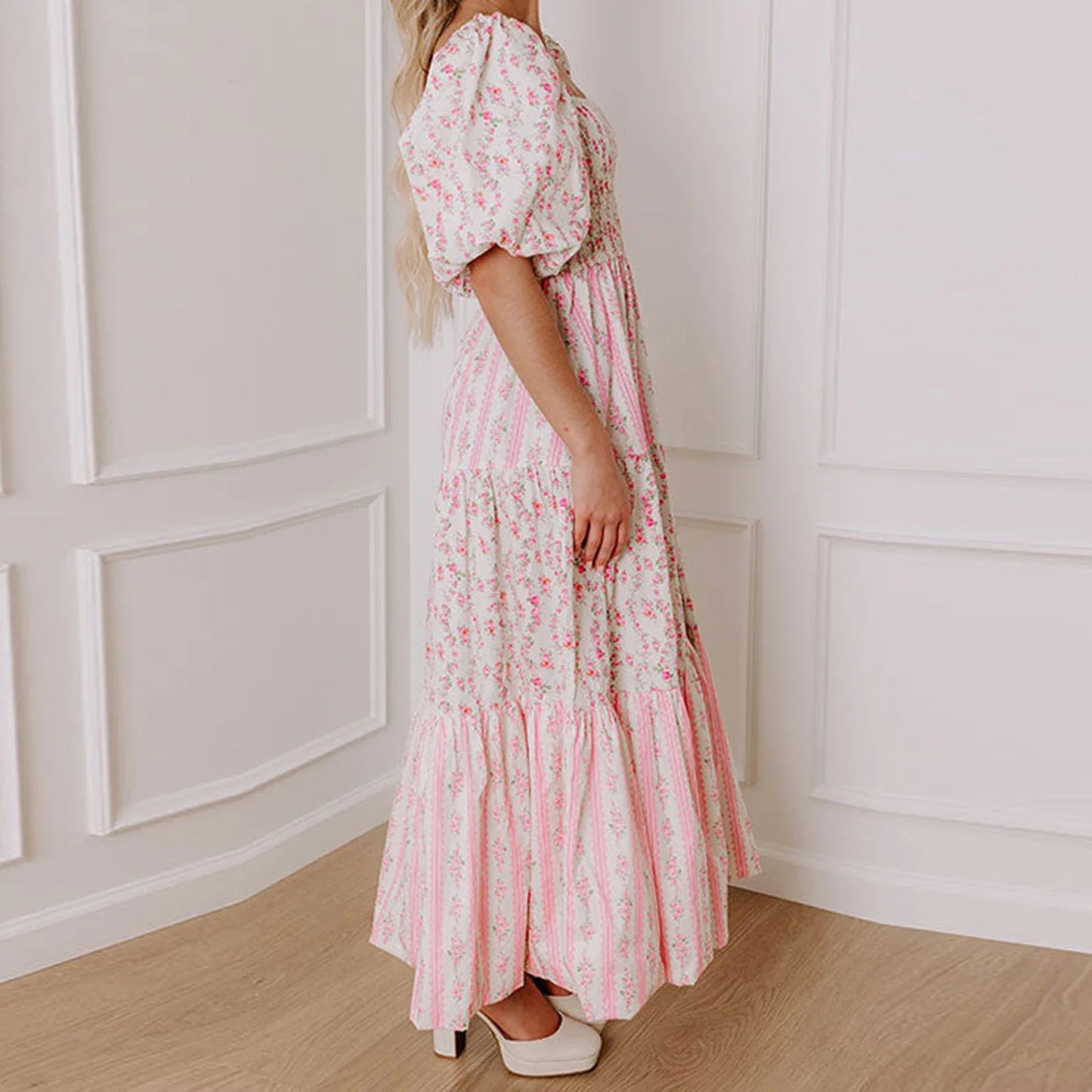 Charming Floral Print Square Collar Puff Sleeve Maxi Dress