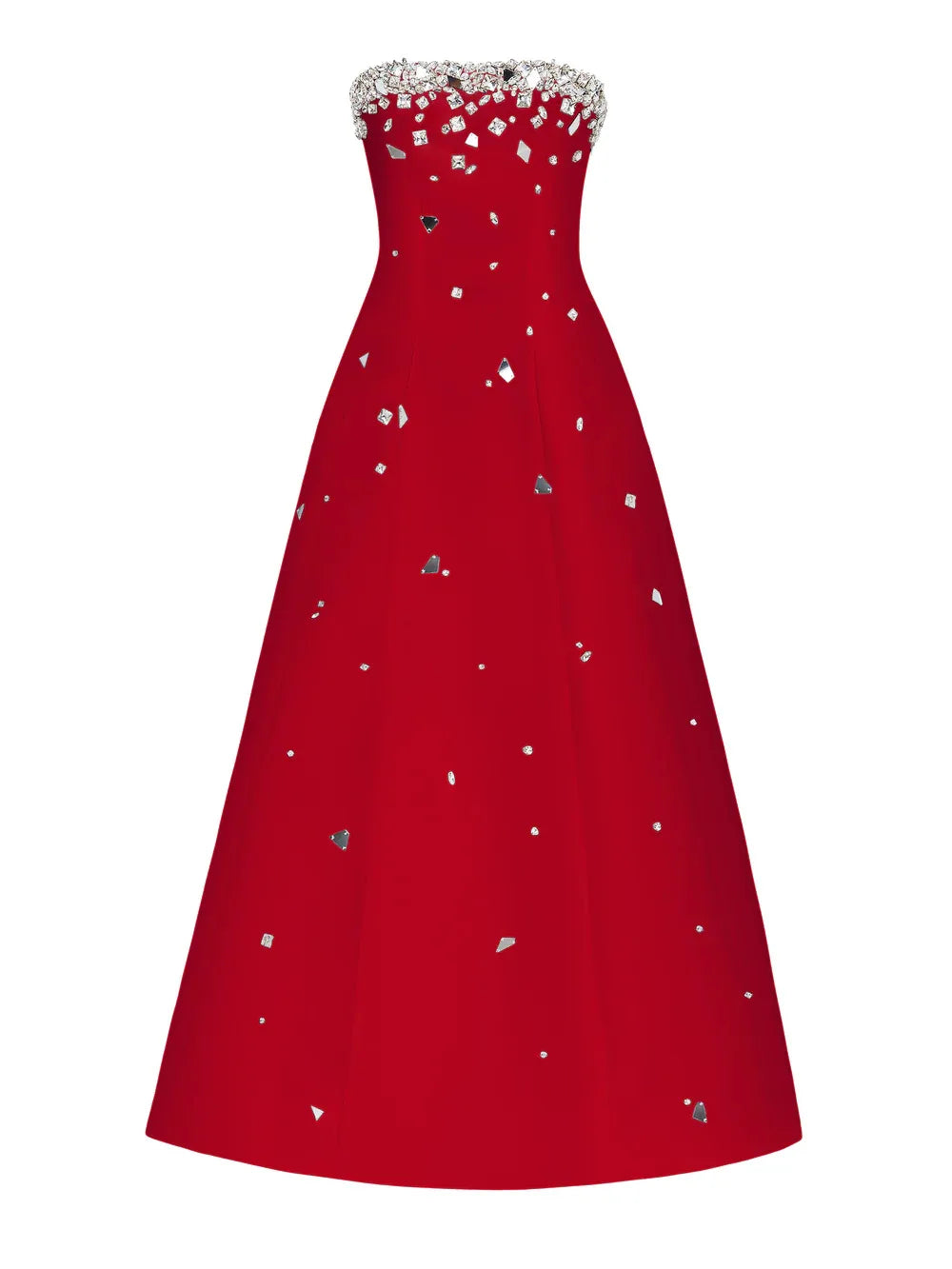 Red strapless evening gown with silver embellishments on a white background