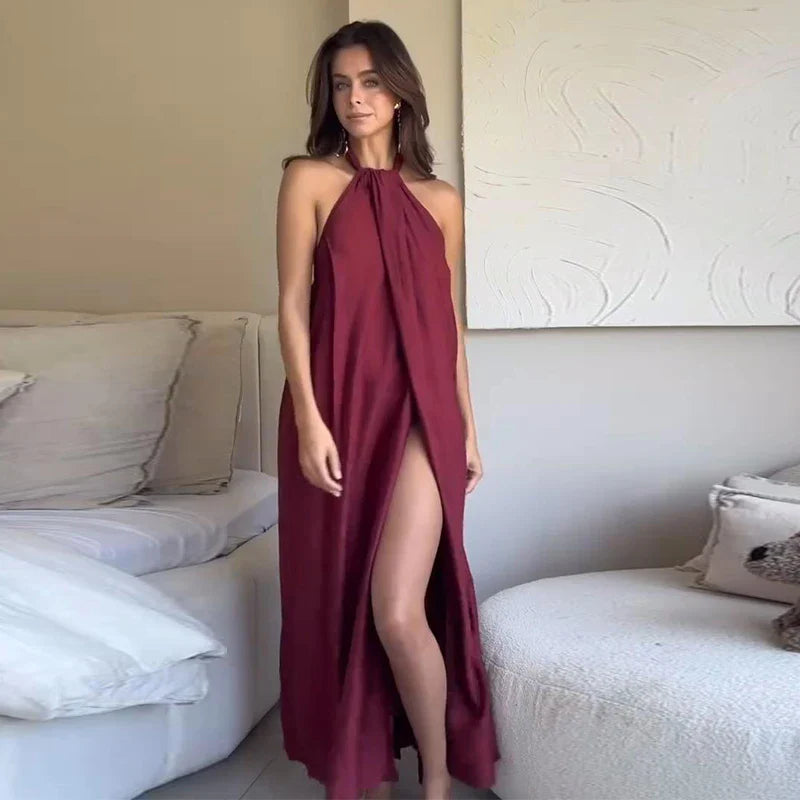 Burgundy Halter Neck Backless Slit Dress – Elegant Loose-Fit Holiday & Beach Dress for Women