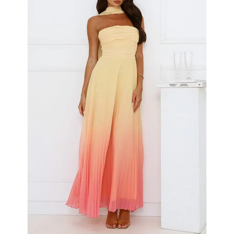 Ethereal Glow – Strapless Pink Ombre Maxi Dress for Summer Days