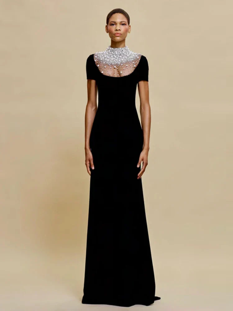Velvet Rhinestone Pearl Embellished Black Long Dress