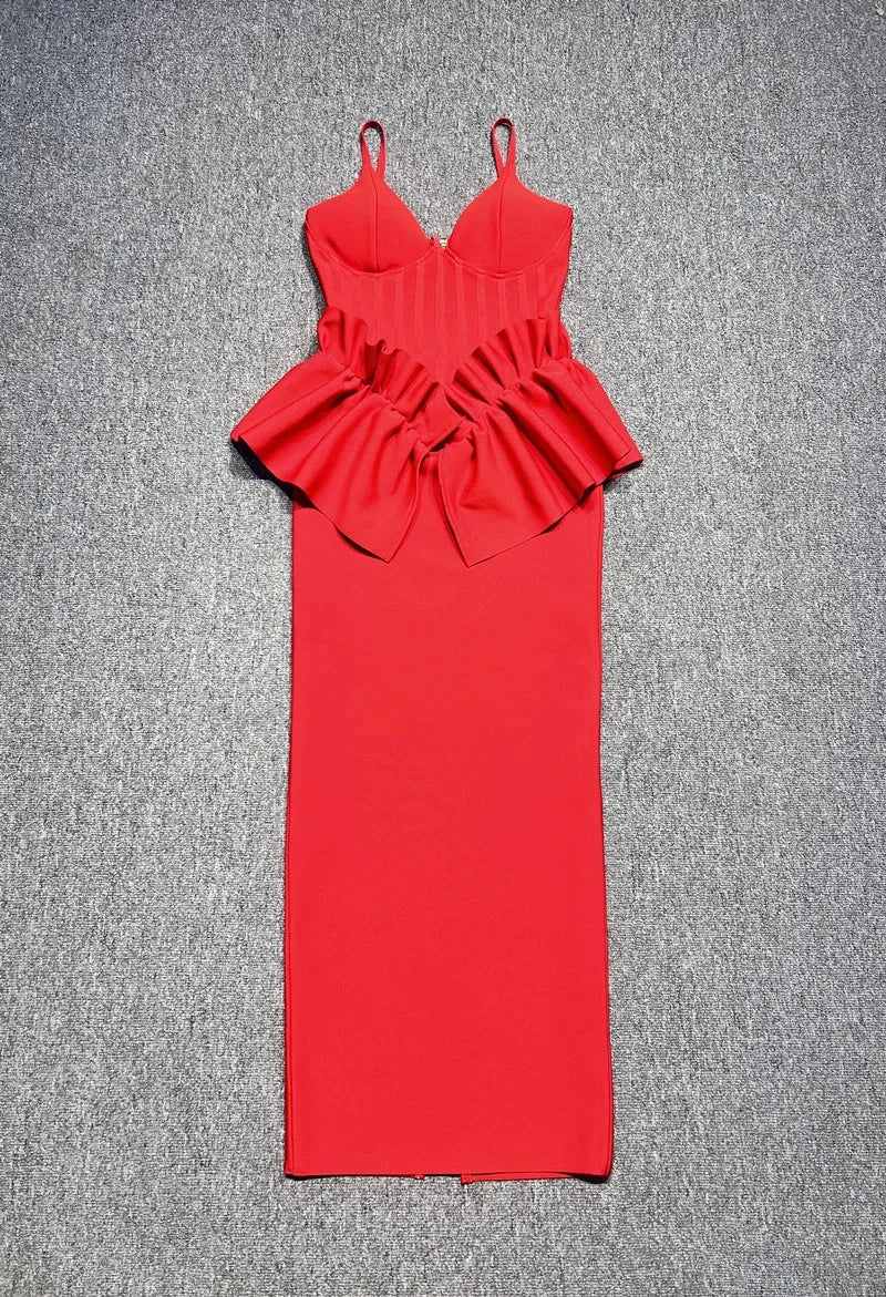 Red Ruffles V-Neck Maxi Bodycon Dress - Elegant Evening & Party Outfit