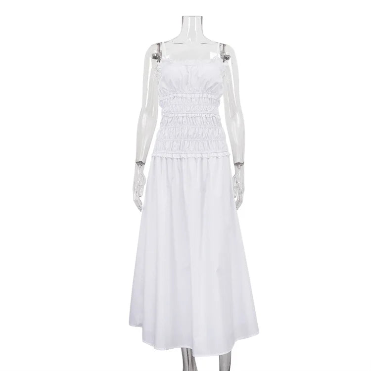 White Ruched Strap Maxi Dress