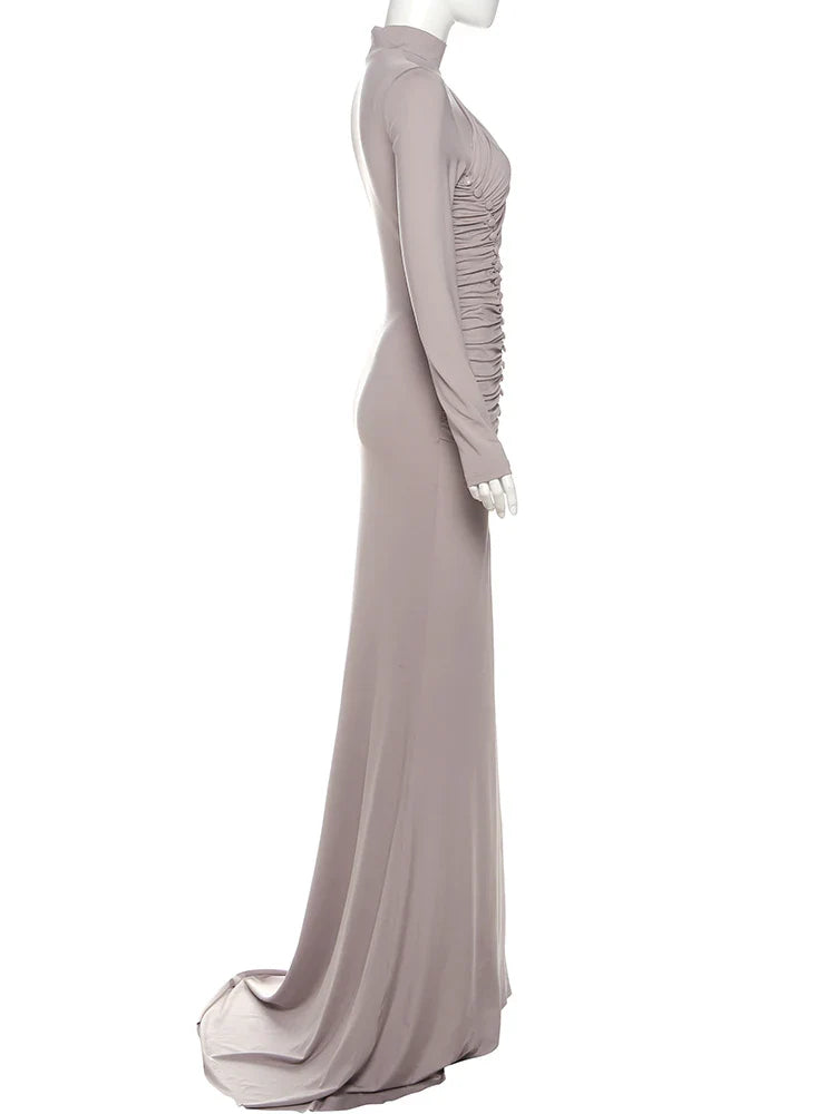 Silver Ruched High Neck Maxi Dress | Sculpted Stretch Sheath