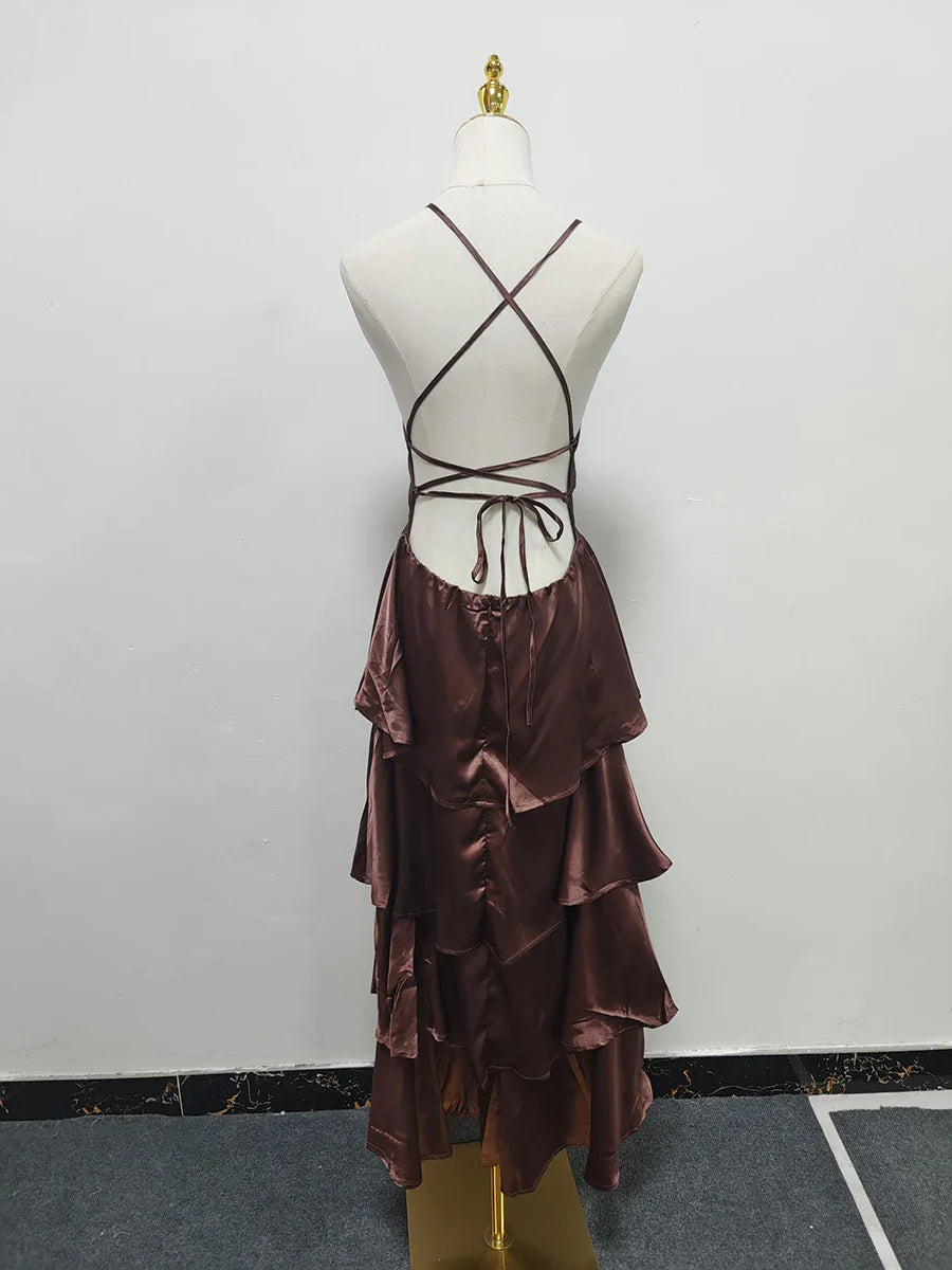 Burgundy Tiered Ruffle Maxi Dress | Deep V Sleeveless Party & Evening Wear