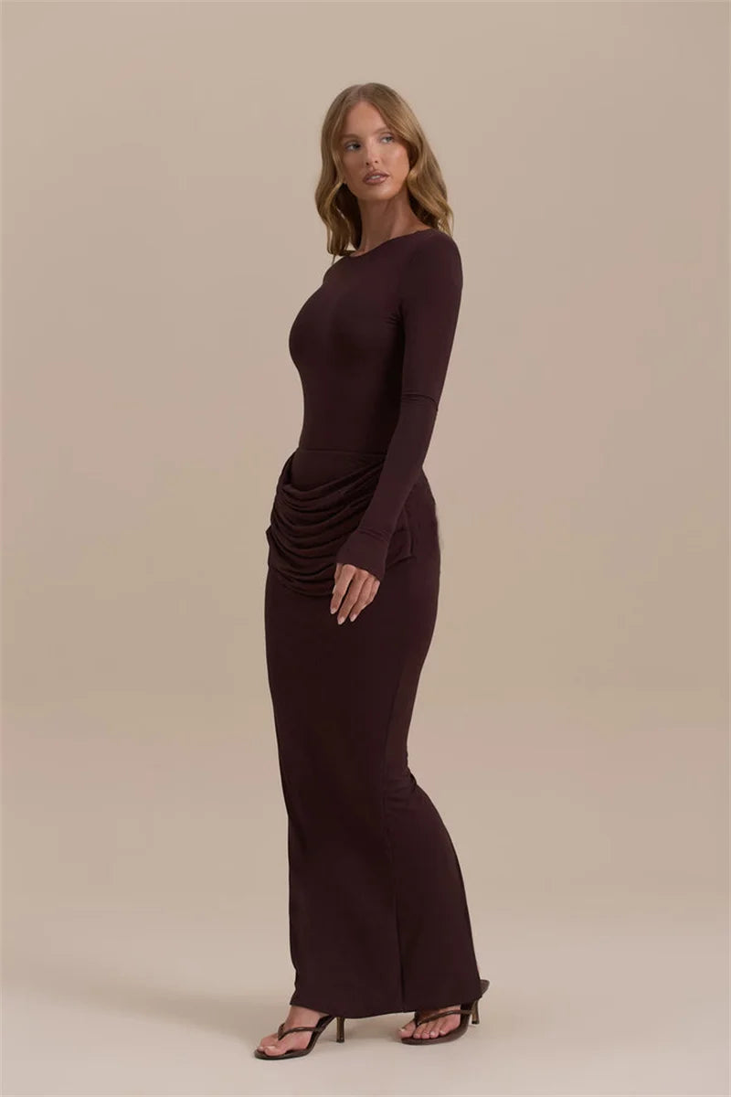 Long Ruched Grey Gown | Sleek Stretch Floor-Length Dress