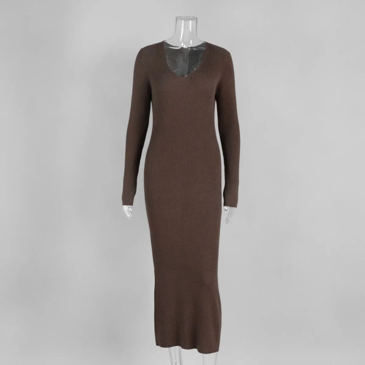 Brown ribbed dress on a mannequin against a white background