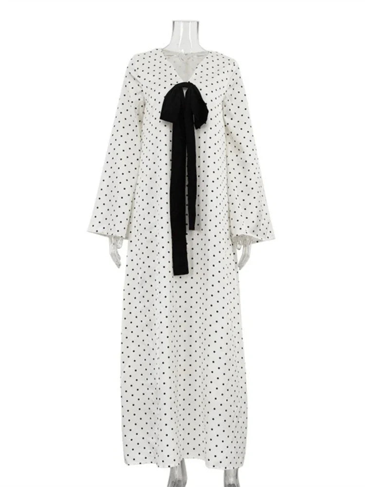 White Polka Dot Bow V-Neck Maxi Dress