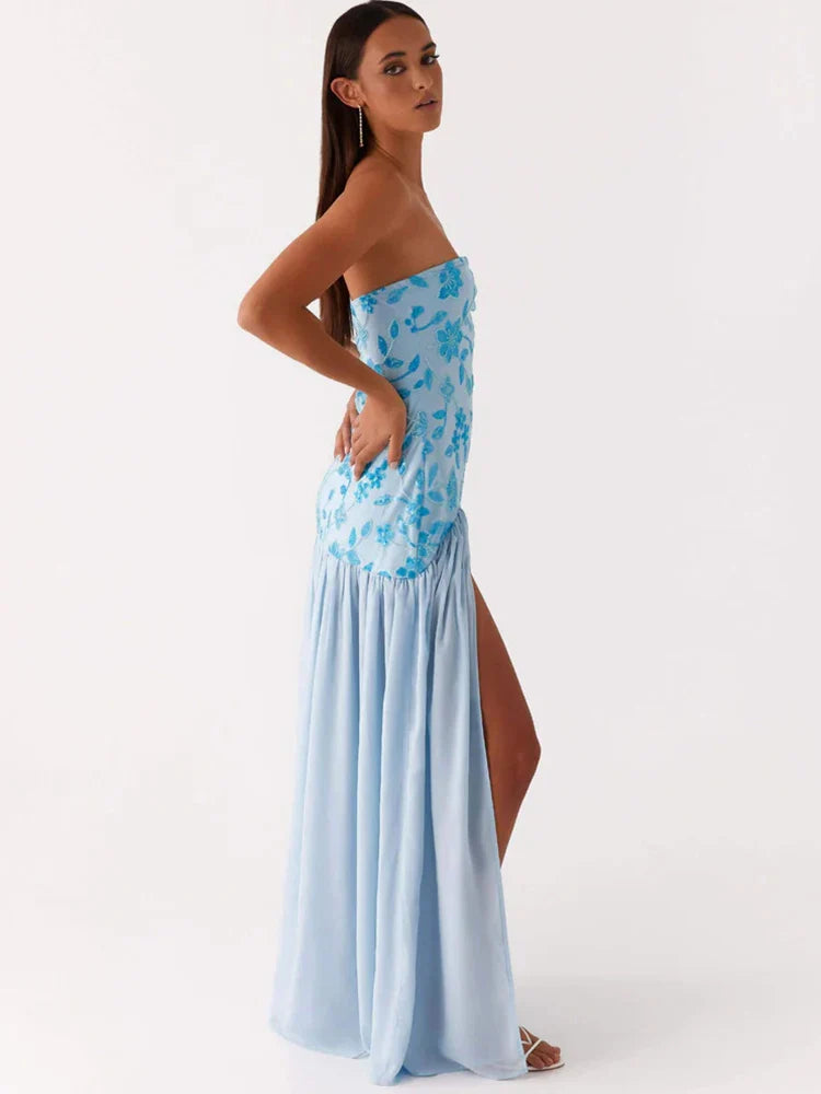 Off-Shoulder Split Print Maxi Dress