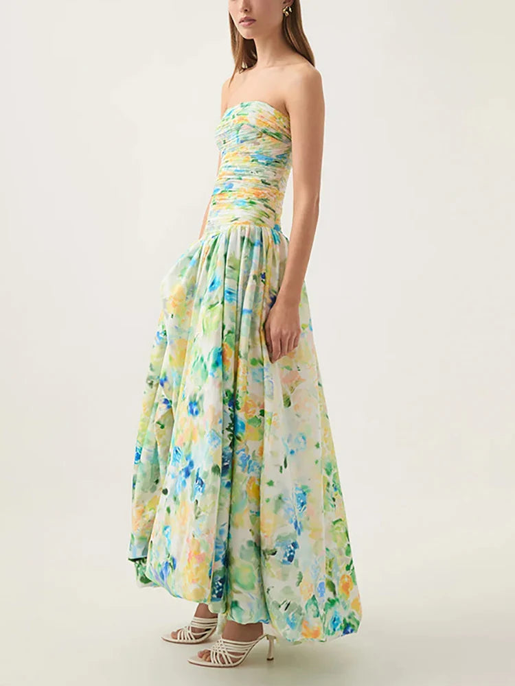 Printed Strapless Bubble Maxi Dress