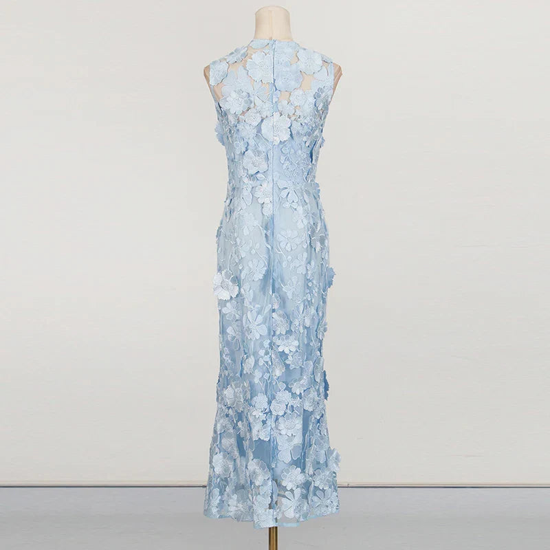 Light Blue Lace Appliqué Midi Dress | Sleeveless Elegant Floral Mesh Gown