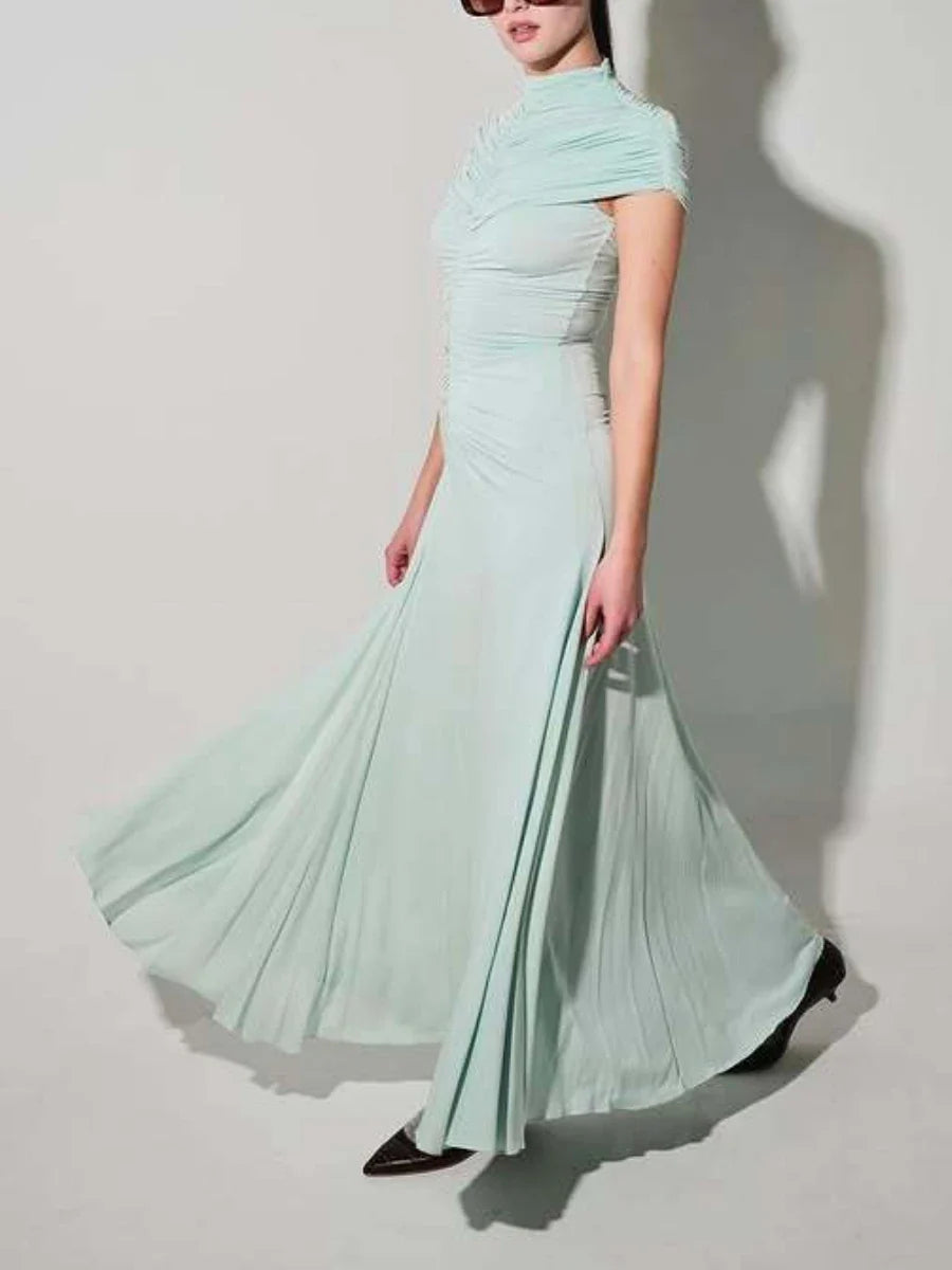 Stand Neck Short Sleeve Pleated Maxi Dress
