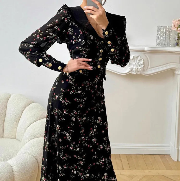 Retro Print Ruffled Lapel Dress | Long Sleeve Slim A-Line Party Gown