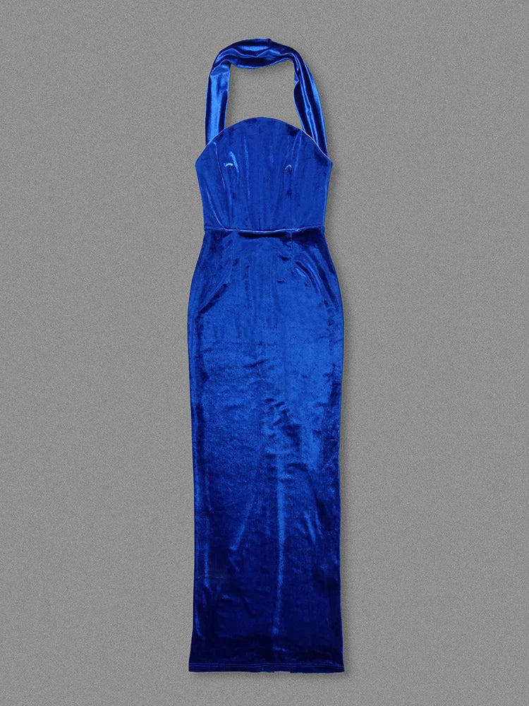 Blue Velvet Strapless Pleated Dress | Backless Bodycon Gown