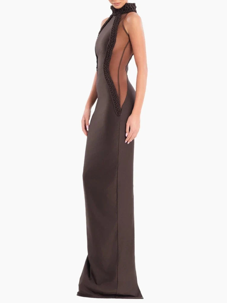 Brown Halter-Neck Mesh Patchwork Maxi Dress