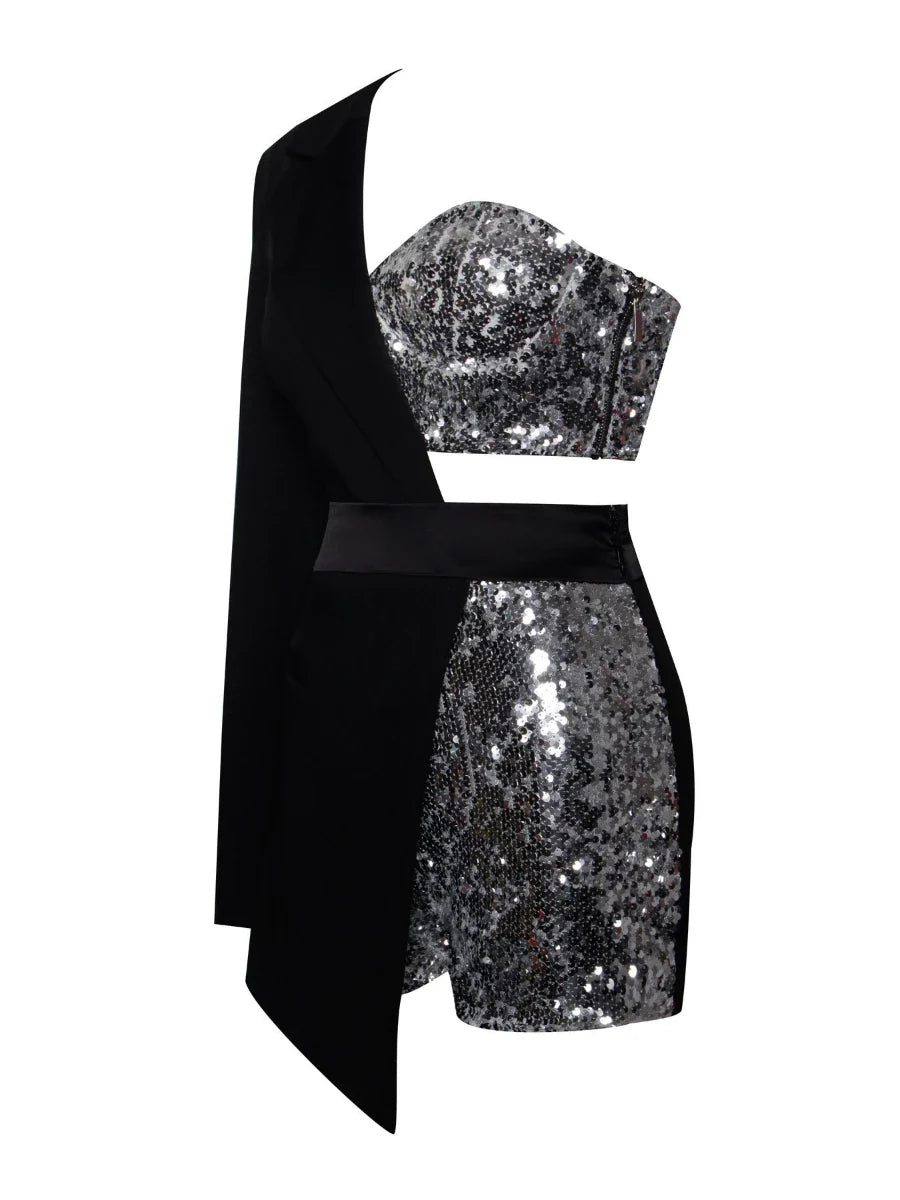Black & Silver Asymmetric Blazer Sequin Mini Dress