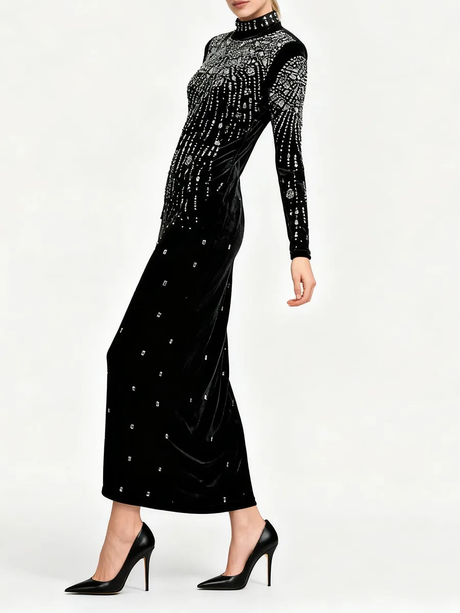 Sequin Beaded High Neck Long Sleeve Maxi Dress