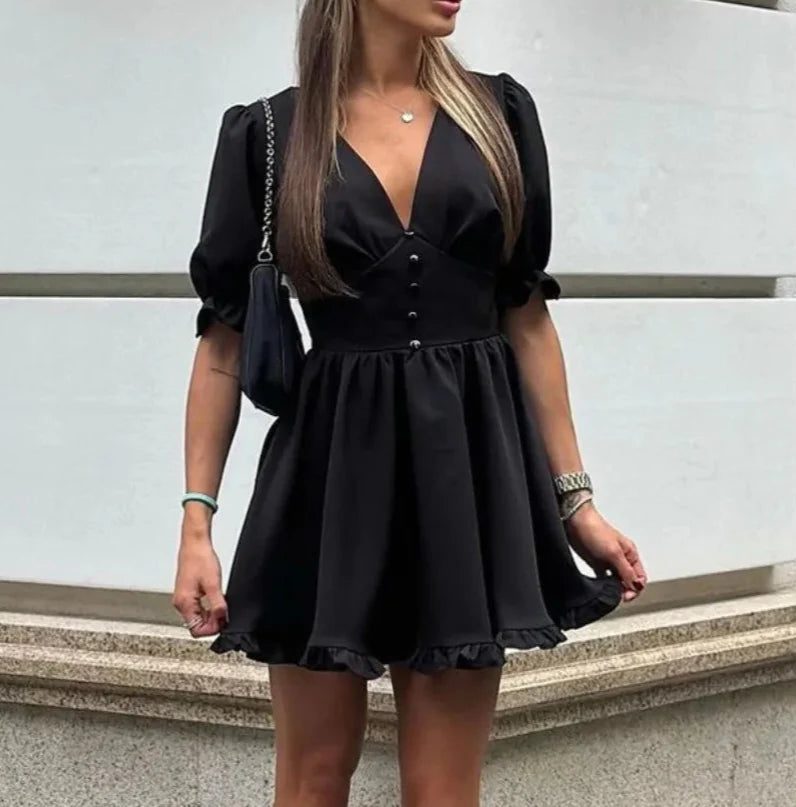 Elegant Black Puff Sleeve Mini Dress – Empire Waist Casual Fit